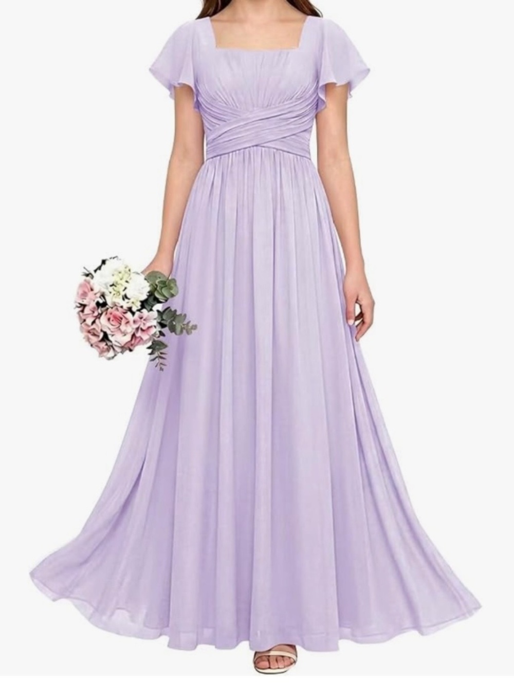 Fashion Lilac size 14 chiffon long dress flutter sleeves, cross ruched waist